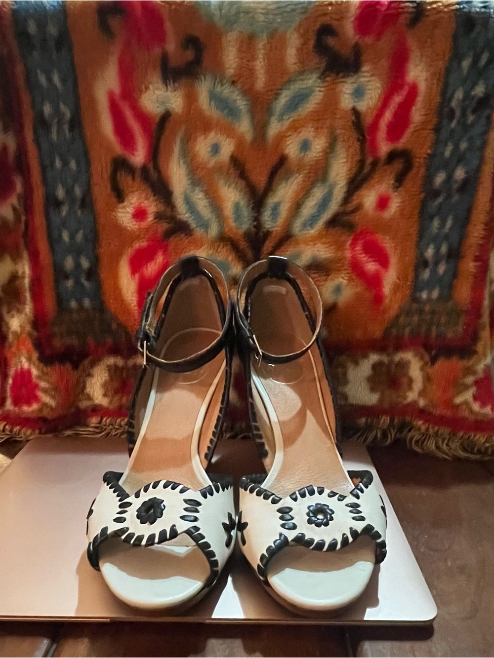 Jack Rogers Crème and Black Medallion Wedge Sandals with Ankle Strap